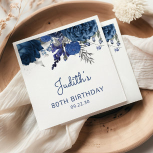 Navy Blue Silver Floral 80th Birthday Party Napkins