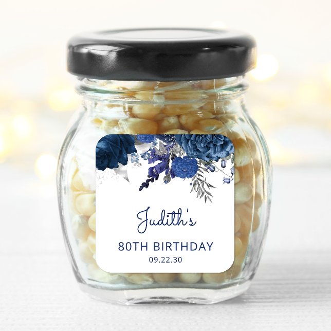 Navy Blue Silver Floral 80th Birthday Party Square Sticker (Creator Uploaded)