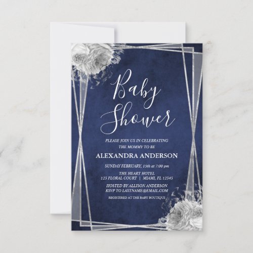 Navy Blue Silver Floral Baby Shower Invitation