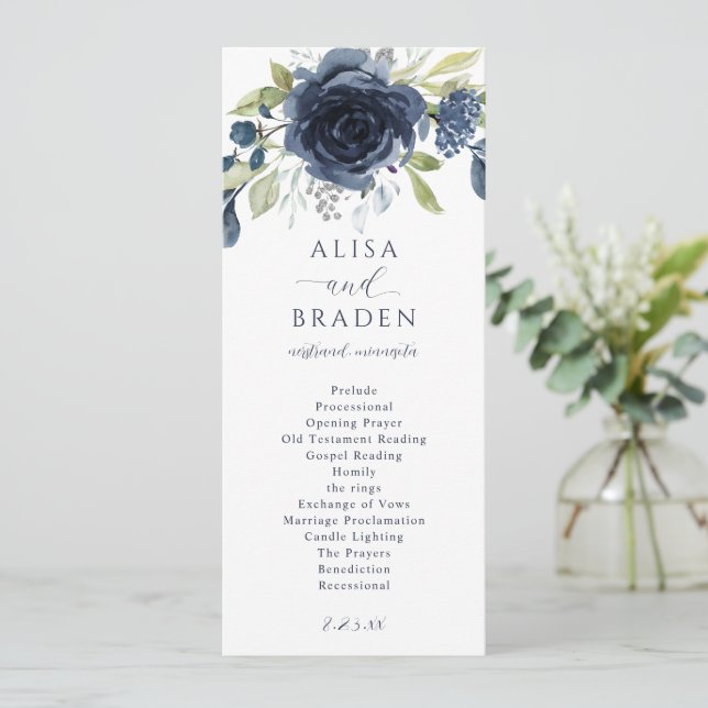 Navy Blue Silver Floral Botanical Greenery Wedding Program (Standing Front)