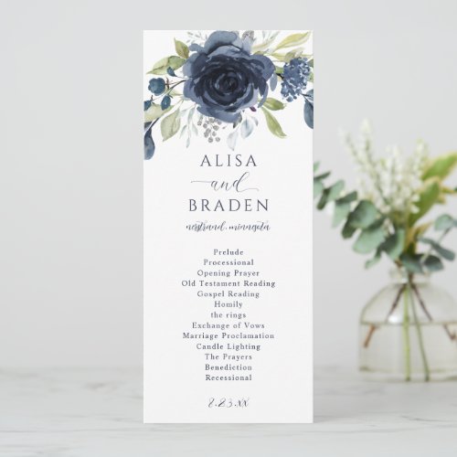 Navy Blue Silver Floral Botanical Greenery Wedding Program