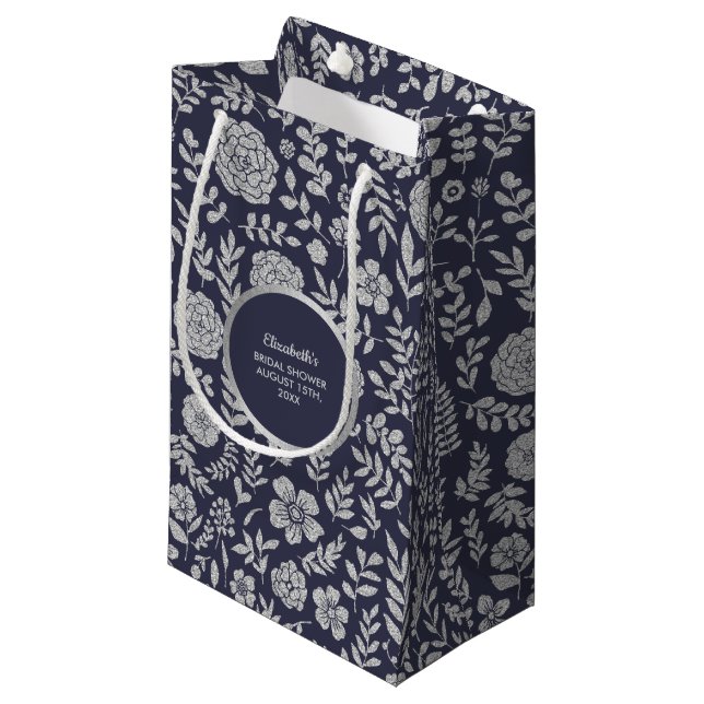 Navy Blue Silver Floral Bridal Shower Thank You  Small Gift Bag (Front Angled)