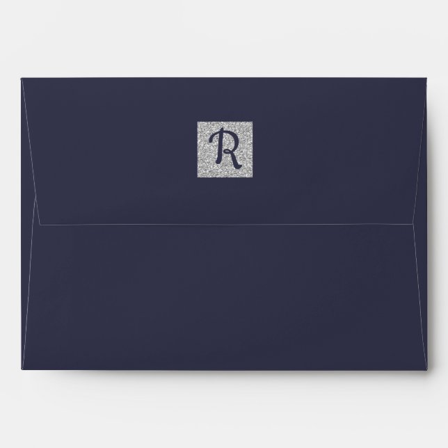 Navy Blue | Silver Floral Custom Monogram Wedding Envelope (Back (Top Flap))