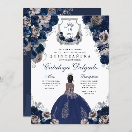Navy Blue  Silver Floral Elegant Quinceaera Invitation