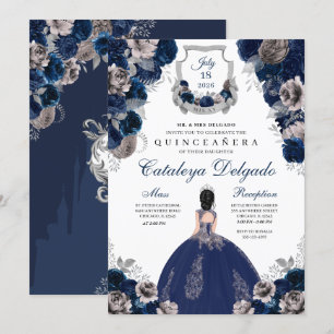 Navy Blue & Silver Floral Elegant Quinceañera Invitation