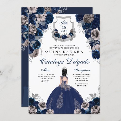 Navy Blue  Silver Floral Elegant Quinceaera Invitation