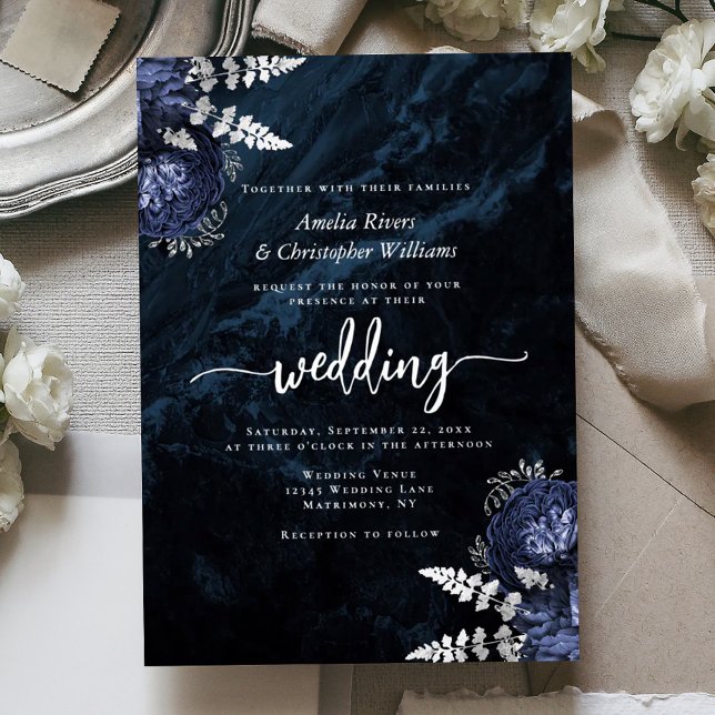 Navy Blue Silver Floral Elegant Wedding Foil Invitation (Creator Uploaded)