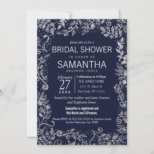 Navy Blue Silver Floral Glitter Bridal Shower Invitation