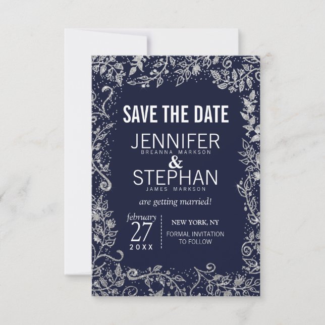 Navy Blue Silver Floral Glitter Wedding Save The Date (Front)