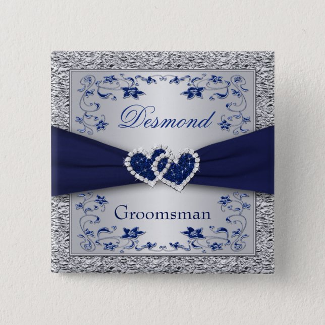 Navy Blue, Silver Floral Groomsman Wedding Pin (Front)