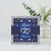 Navy Blue, Silver Floral, Hearts Bridal Shower Invitation (Standing Front)