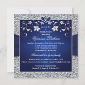 Navy Blue, Silver Floral, Hearts Bridal Shower Invitation (Back)