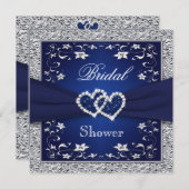 Navy Blue, Silver Floral, Hearts Bridal Shower Invitation (Front/Back)