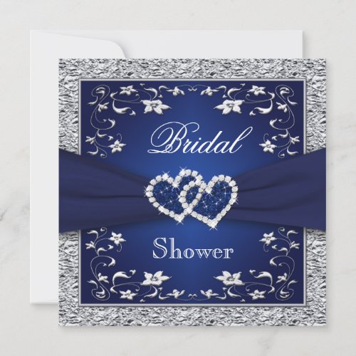 Navy Blue, Silver Floral, Hearts Bridal Shower Invites