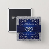 Navy Blue, Silver Floral Maid of Honor Wedding Pin (Front & Back)