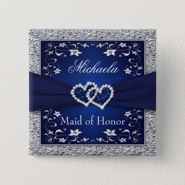 Navy Blue, Silver Floral Maid of Honor Wedding Pin (Front)