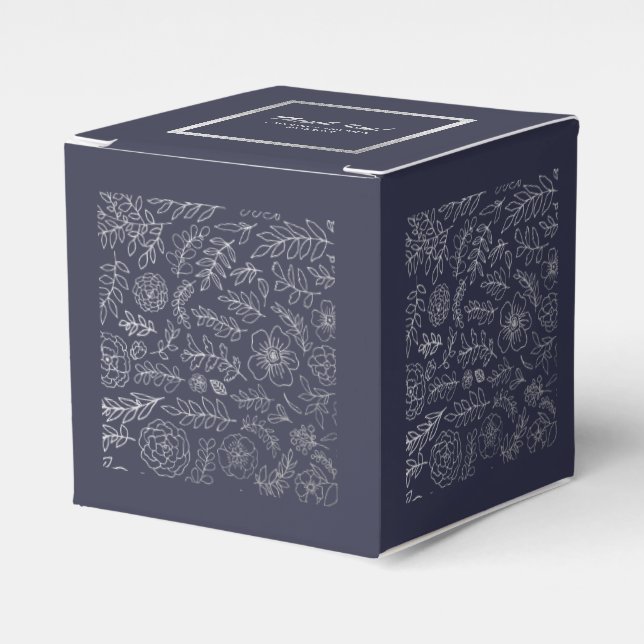 Navy Blue | Silver Floral Pattern Wedding  Favor Boxes (Front Side)