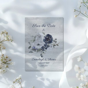 Navy Blue Silver Floral Photo Save the Date