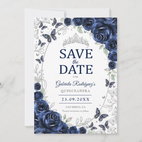Navy Blue Silver Floral Quinceanera Save The Date