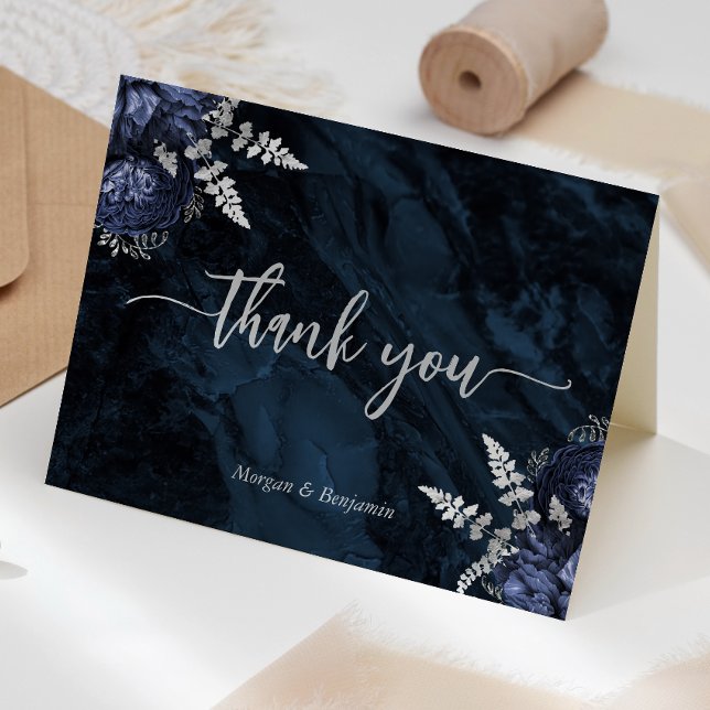 Navy Blue Silver Floral Script Wedding Letterpress Thank You Card (Creator Uploaded)