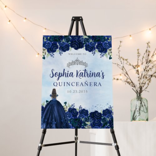 Navy Blue Silver Floral Tiara Quinceanera Welcome Foam Board