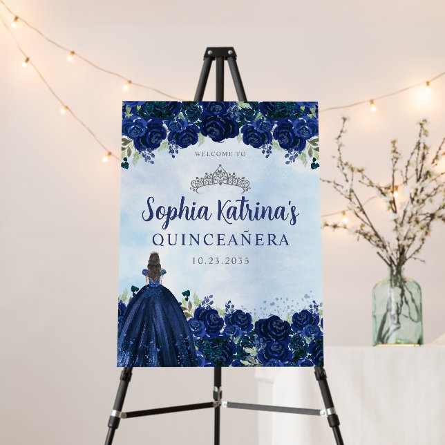 Navy Blue Silver Floral Tiara Quinceanera Welcome Foam Board (In Situ (Stand))