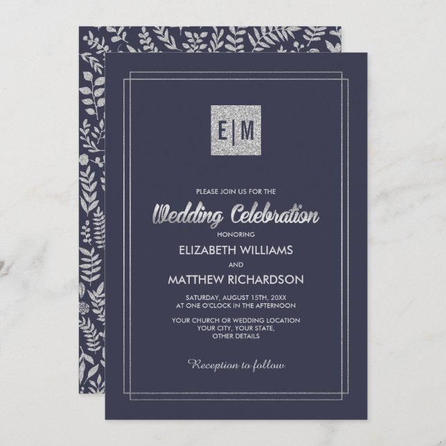 Navy Blue | Silver Floral Wedding Invitation (Front/Back)