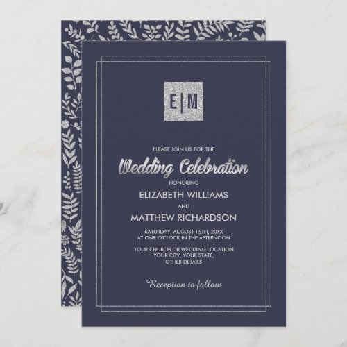 Navy Blue  Silver Floral Wedding Invitation