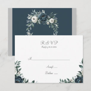 Navy Blue & Silver Floral Wedding RSVP Card