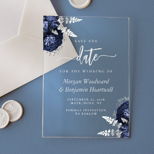 Navy Blue Silver Floral Wedding Save the Date