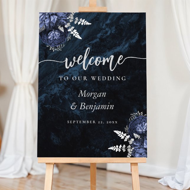 Navy Blue Silver Floral Wedding Welcome Foam Board (Creator Uploaded)