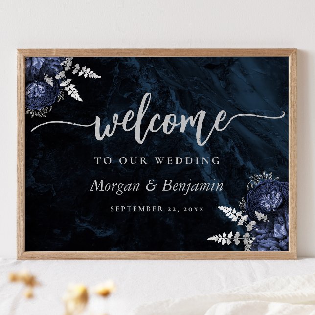 Navy Blue Silver Floral Wedding Welcome Poster (Creator Uploaded)