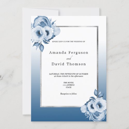 Navy blue silver floral white elegant wedding invitation