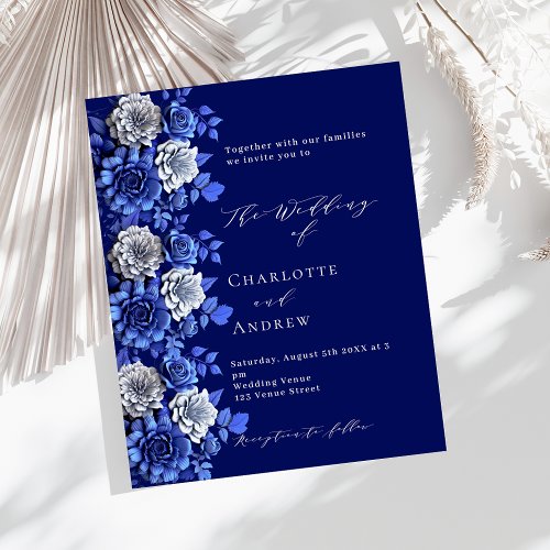 Navy blue silver florals budget wedding invitation