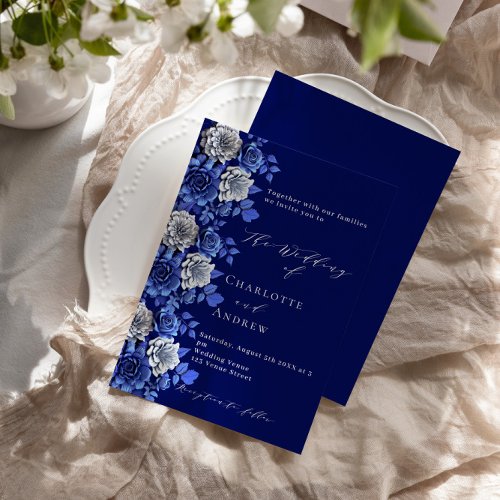 Navy blue silver florals script luxury wedding invitation