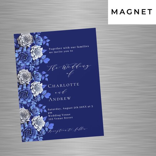 Navy blue silver florals script luxury wedding magnetic invitation