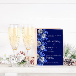 Navy blue silver florals script wedding invitation