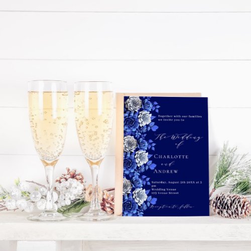 Navy blue silver florals script wedding invitation postcard