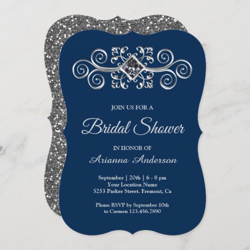 Navy Blue Silver Flourish Diamond Bridal Shower Invitation