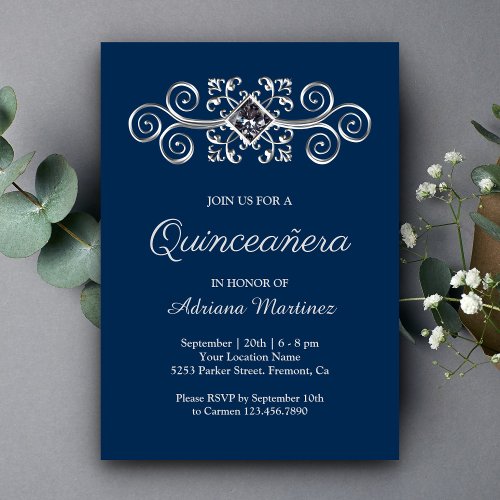 Navy Blue Silver Flourish Diamond Quinceanera Invitation