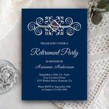 Navy Blue Silver Flourish Diamond Retirement Party Invitation