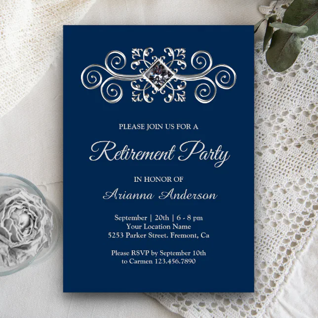 Navy Blue Silver Flourish Diamond Retirement Party Invitation | Zazzle