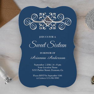 Navy Blue Silver Flourish Diamond Sweet Sixteen Invitation