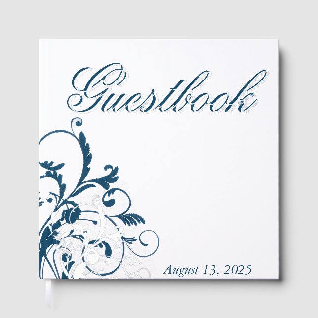 Navy Blue Silver Flourish Guest Book (Front)