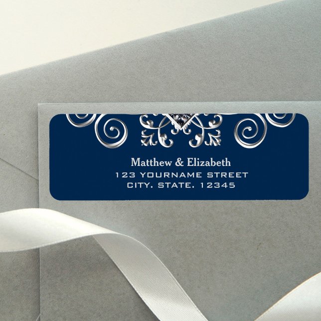 Navy Blue Silver Flourish Wedding Label (Creator Uploaded)