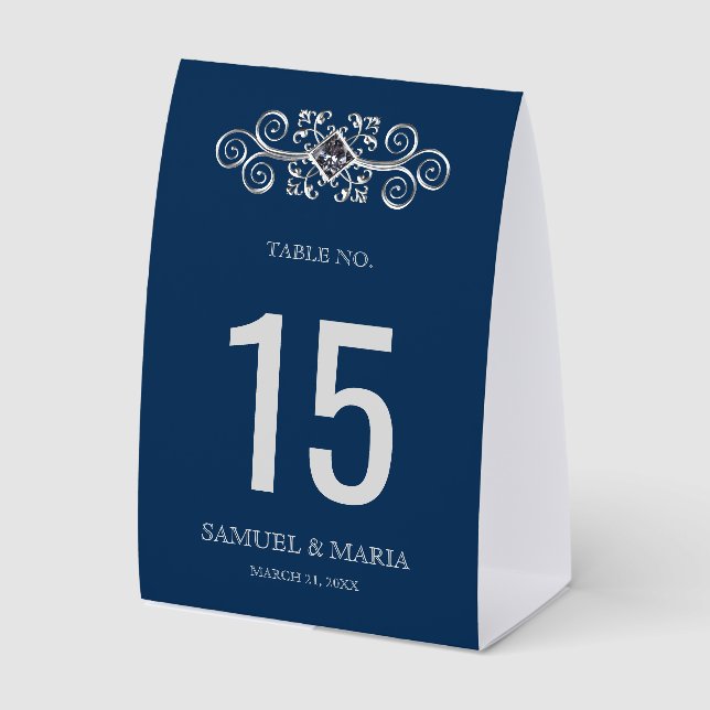Navy Blue Silver Flourish Wedding Table Number Paper Table Tent (Front)