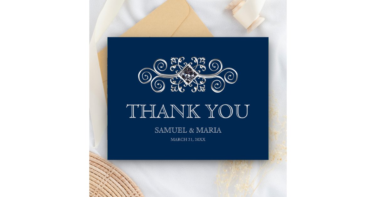 Navy Blue Silver Flourish Wedding Thank You Postcard | Zazzle