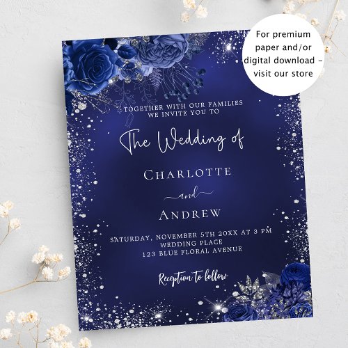 Navy blue silver flowers budget wedding invitation