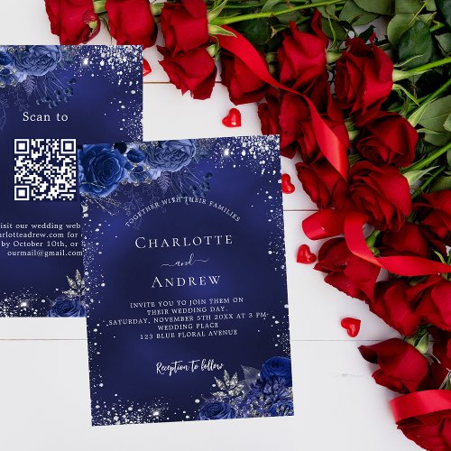 Navy blue silver flowers QR code RSVP wedding Invitation