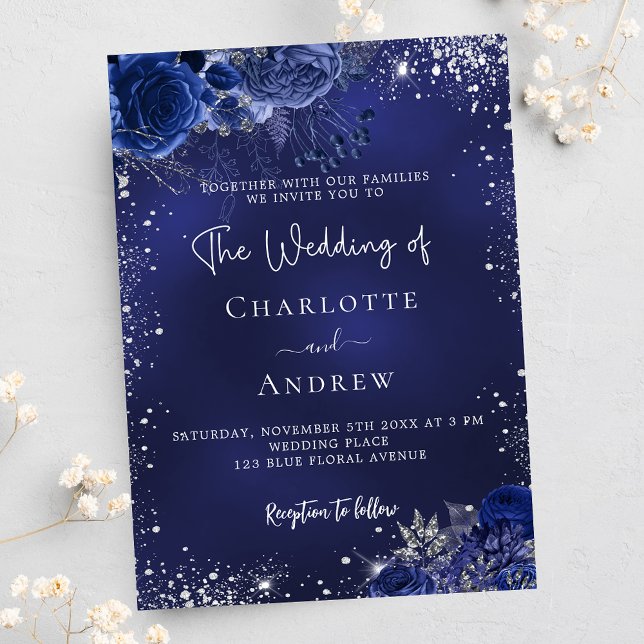 Navy blue silver flowers script luxury wedding invitation (Creator Uploaded)